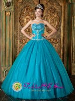 Riverside California Brand New Teal and Sweetheart Beading and Exquisite Appliques Bodice Paillette Over Skirt For Quinceanera