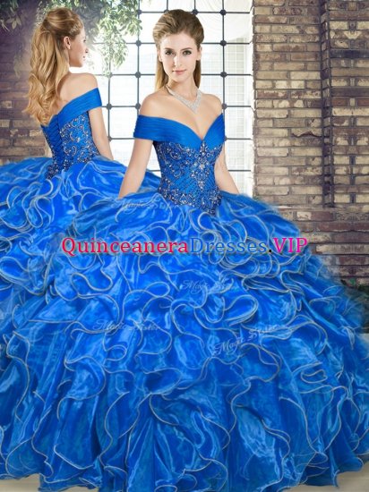 Best Selling Sleeveless Floor Length Beading and Ruffles Lace Up Quinceanera Gown with Royal Blue - Click Image to Close
