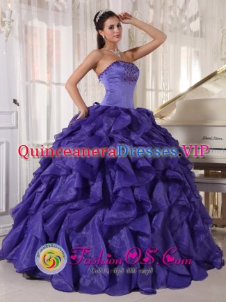 Pattensen GermanyStrapless Beaded Bodice Low Price Purple Satin and Organza Floor length Quinceanera Dress with ruffles