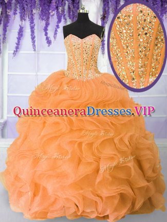 Orange Ball Gowns Sweetheart Sleeveless Organza Floor Length Lace Up Beading and Ruffles Quince Ball Gowns
