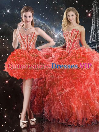 Dynamic Organza Sweetheart Sleeveless Lace Up Beading and Ruffles Sweet 16 Quinceanera Dress in Coral Red