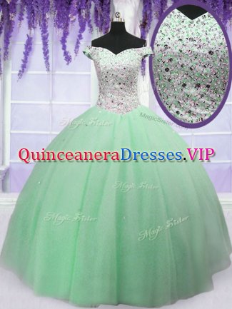 Off the Shoulder Floor Length Lace Up 15 Quinceanera Dress Apple Green for Military Ball and Sweet 16 and Quinceanera with Beading