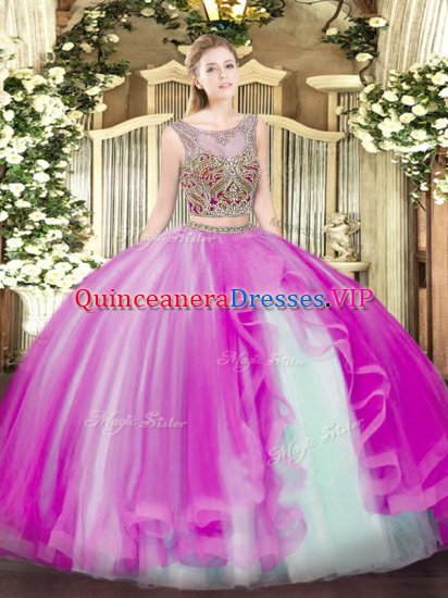 Fuchsia Two Pieces Scoop Sleeveless Tulle Floor Length Lace Up Beading and Ruffles Sweet 16 Dress - Click Image to Close