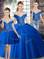 Exquisite Royal Blue Lace Up Sweet 16 Quinceanera Dress Beading and Pick Ups Sleeveless Brush Train(SKU SJQDDT2088007BIZ)
