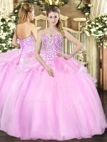 Pink Organza Lace Up 15 Quinceanera Dress Sleeveless Floor Length Beading