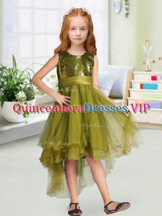 Classical Scoop Sleeveless Zipper Little Girls Pageant Dress Olive Green Organza