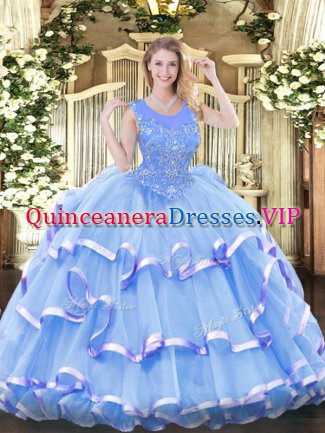 Suitable Baby Blue Scoop Zipper Beading and Ruffled Layers Vestidos de Quinceanera Sleeveless