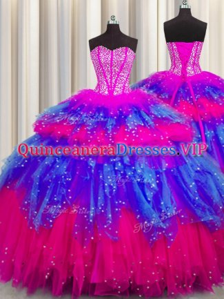 Elegant Bling-bling Visible Boning Multi-color Sweetheart Lace Up Beading and Ruffles and Ruffled Layers and Sequins Sweet 16 Dress Sleeveless
