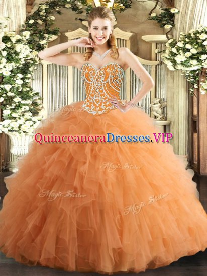 Floor Length Lace Up Quinceanera Dresses Orange for Military Ball and Sweet 16 and Quinceanera with Beading and Ruffles - Click Image to Close