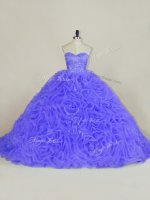 Colorful Purple Organza and Fabric With Rolling Flowers Lace Up Sweetheart Sleeveless Ball Gown Prom Dress Brush Train Beading and Ruffles