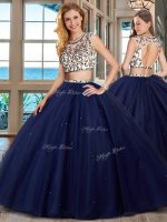 With Train Navy Blue Sweet 16 Quinceanera Dress Scoop Cap Sleeves Brush Train Backless