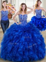 Three Piece Beading and Ruffles 15 Quinceanera Dress Royal Blue Lace Up Sleeveless Brush Train