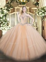 Floor Length Lace Up Sweet 16 Dresses Peach for Military Ball and Sweet 16 and Quinceanera with Beading