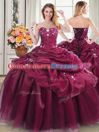 Best Selling Burgundy Ball Gowns Organza Sweetheart Sleeveless Appliques and Pick Ups Floor Length Lace Up Sweet 16 Dress