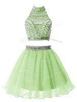 Most Popular Yellow Green Zipper Quinceanera Court of Honor Dress Beading Sleeveless Knee Length