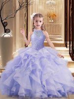 Lavender Sleeveless Brush Train Lace Up Child Pageant Dress for Sweet 16 and Wedding Party