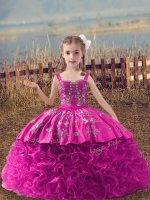 Popular Sleeveless Embroidery Lace Up Little Girl Pageant Gowns with Fuchsia Sweep Train