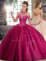 Decent Fuchsia Sleeveless Beading Lace Up Quinceanera Gown