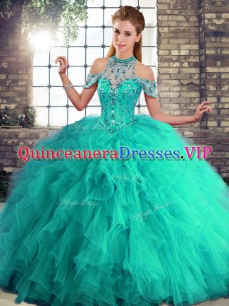 Enchanting Turquoise Halter Top Lace Up Beading and Ruffles 15th Birthday Dress Sleeveless