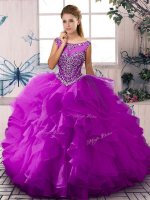 Purple Ball Gowns Scoop Sleeveless Organza Floor Length Zipper Beading and Ruffles Quince Ball Gowns