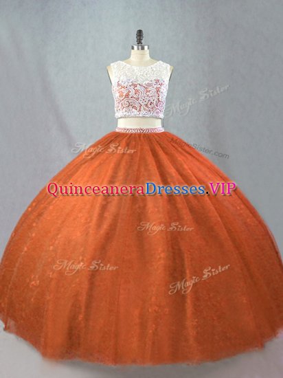 Tulle Scoop Sleeveless Zipper Beading Quinceanera Gown in Rust Red - Click Image to Close