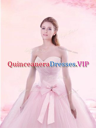 Trendy Baby Pink Sleeveless With Train Ruching and Bowknot Lace Up Quinceanera Gowns