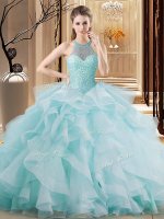 Embroidery and Ruffles Quinceanera Dress Light Blue Lace Up Sleeveless Brush Train