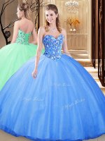 Delicate Tulle Sweetheart Sleeveless Lace Up Embroidery Quinceanera Gowns in Blue