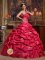 Appliques Affordable Coral Red Hannover Quinceanera Dress Strapless ruching Taffeta Ball Gown
