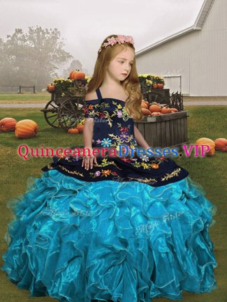 Latest Aqua Blue Ball Gowns Organza Straps Sleeveless Embroidery and Ruffles Floor Length Lace Up Child Pageant Dress
