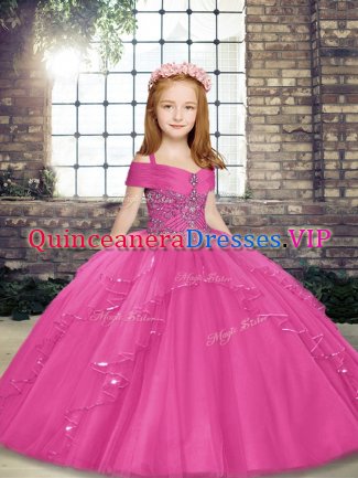 Tulle Straps Sleeveless Lace Up Beading Kids Pageant Dress in Hot Pink