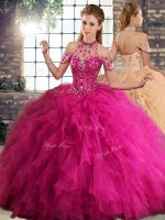 Simple Sleeveless Tulle Floor Length Lace Up Sweet 16 Dresses in Fuchsia with Beading and Ruffles