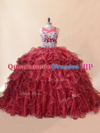 Red Zipper Scoop Beading and Lace and Appliques Quinceanera Dresses Organza Sleeveless Brush Train