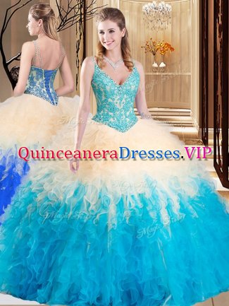 Comfortable Tulle Sleeveless Floor Length Sweet 16 Quinceanera Dress and Lace and Ruffles
