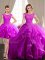 Classical Three Piece Fuchsia Sweet 16 Dress Military Ball and Sweet 16 and Quinceanera with Beading and Appliques and Ruffles Scoop Cap Sleeves Brush Train Lace Up
