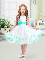 New Arrival Sleeveless Tulle Knee Length Zipper Little Girls Pageant Gowns in White with Appliques and Belt(SKU YCLD067-7BIZ)