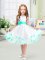 New Arrival Sleeveless Tulle Knee Length Zipper Little Girls Pageant Gowns in White with Appliques and Belt