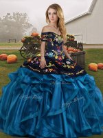 Blue And Black Organza Lace Up Sweet 16 Dress Sleeveless Floor Length Embroidery and Ruffles