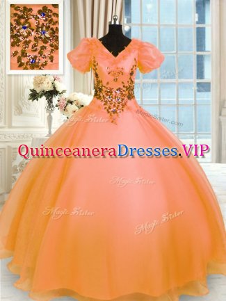 Elegant Orange Ball Gowns Appliques Vestidos de Quinceanera Lace Up Organza Short Sleeves Floor Length