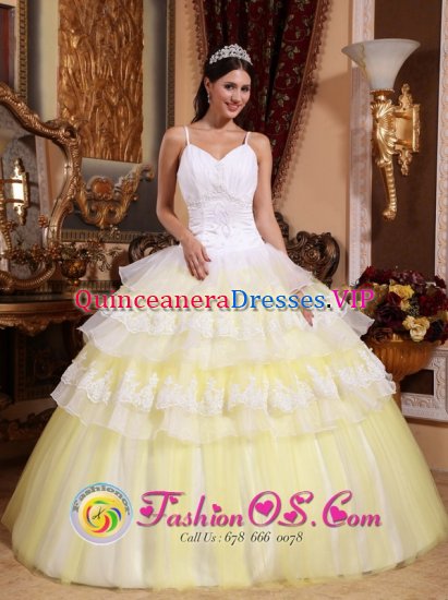 Brevard Carolina/NC Colorful Gorgeous Elegant Quinceanera Dress With Spaghetti Straps Appliques and Ruffles Layered - Click Image to Close