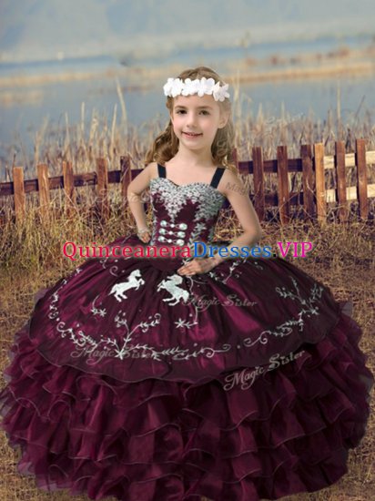 Dramatic Burgundy Sleeveless Organza Lace Up Kids Pageant Dress for Wedding Party - Click Image to Close