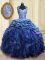 Pick Ups With Train Ball Gowns Cap Sleeves Blue 15 Quinceanera Dress Brush Train Lace Up