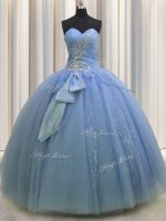 Stylish Light Blue Lace Up Sweetheart Beading and Sequins and Bowknot Sweet 16 Dress Tulle Sleeveless