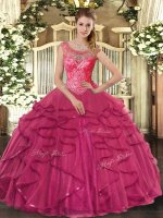 Floor Length Hot Pink Ball Gown Prom Dress Scoop Sleeveless Lace Up