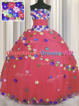 Coral Red Ball Gowns Strapless Sleeveless Tulle Floor Length Lace Up Hand Made Flower Quinceanera Dress