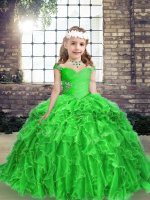 Green Ball Gowns Organza Straps Sleeveless Beading and Ruffles Floor Length Lace Up Little Girl Pageant Dress