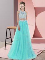 Pretty Lace Vestidos de Damas Aqua Blue Zipper Sleeveless Floor Length