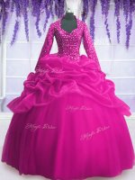 Fabulous Fuchsia Ball Gowns Sequins and Pick Ups 15 Quinceanera Dress Zipper Organza Long Sleeves Floor Length(SKU PSSW092-9BIZ)