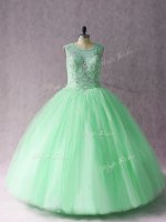 Extravagant Apple Green Ball Gowns Tulle Scoop Sleeveless Beading Floor Length Lace Up Vestidos de Quinceanera