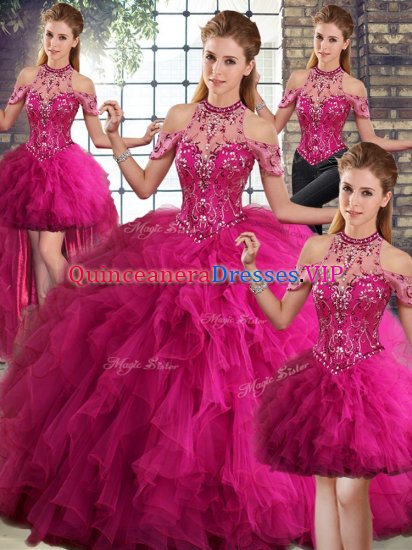Exceptional Halter Top Sleeveless 15th Birthday Dress Floor Length Beading and Ruffles Fuchsia Tulle - Click Image to Close